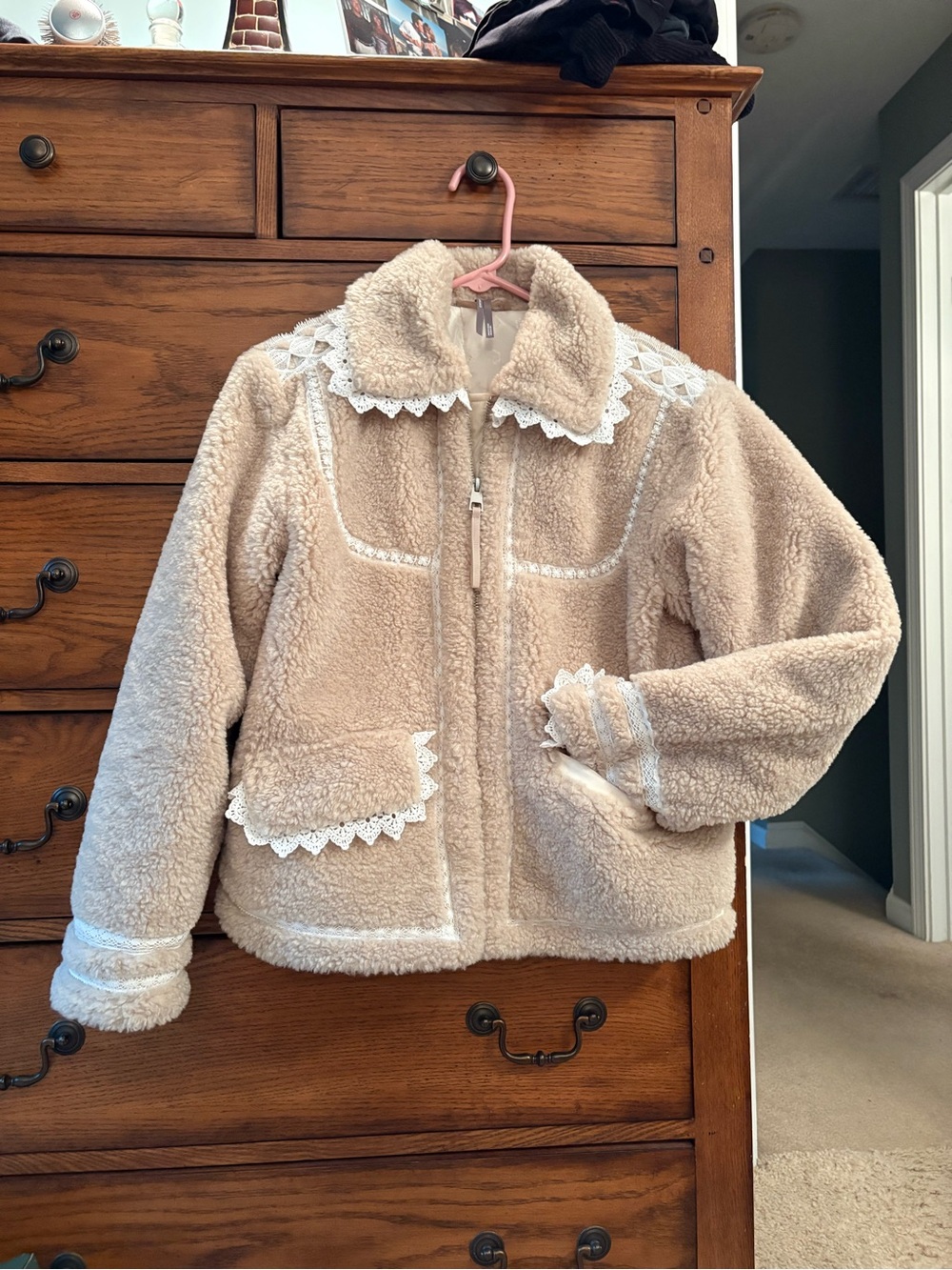 Anthropologie Beige Sherpa Jacket with White Lace Trim